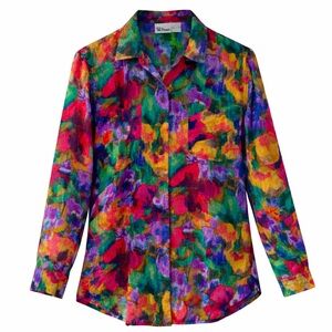 Vintage SILTERO Silk Blouse Womens Small Colorful Floral watercolor 80s 90s